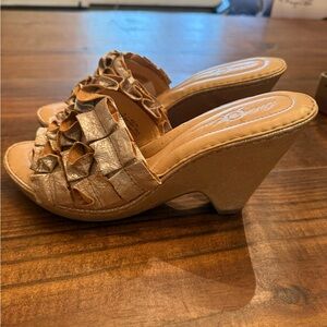 Born Gold and Tan Ruffled Wedge Sandals